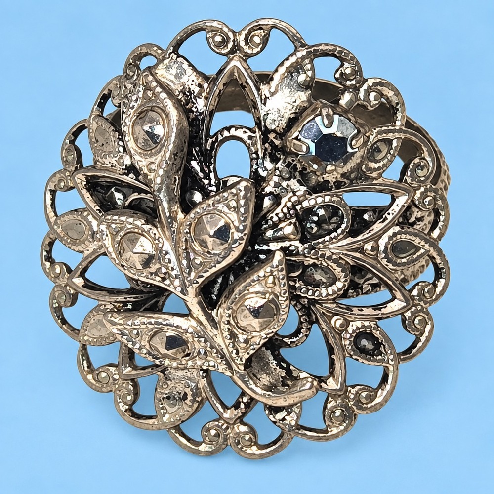 Vintage W Germany Silver Tone Filigree Floral Statement Ring Size 7 -3855
